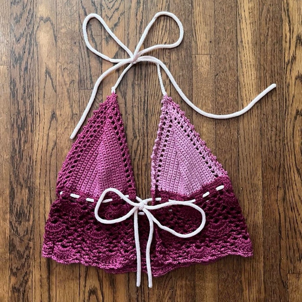 Handmade Knit Crochet Tie Front Pink Crop Top